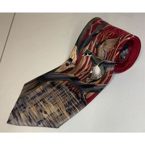 FIELD & STREAM Men's Red Necktie Tie 100% SILK Ducks Water Foul Made USA Vintge